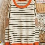 Bat Sleeve Matching Color Round Neck Loose Striped Sweater