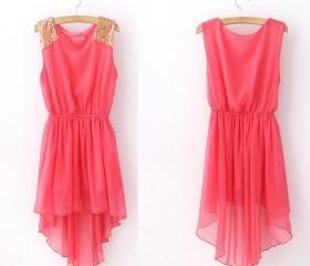 Watermelon Red Sequin Shoulder High-Low Chiffon Dress For Women