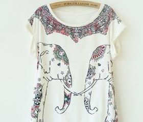 Symmetric Elephant Print Curling Short-sleeved Cotton T-shirt