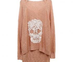 Baby Peach Lace Batwing Skull Motif Sweater